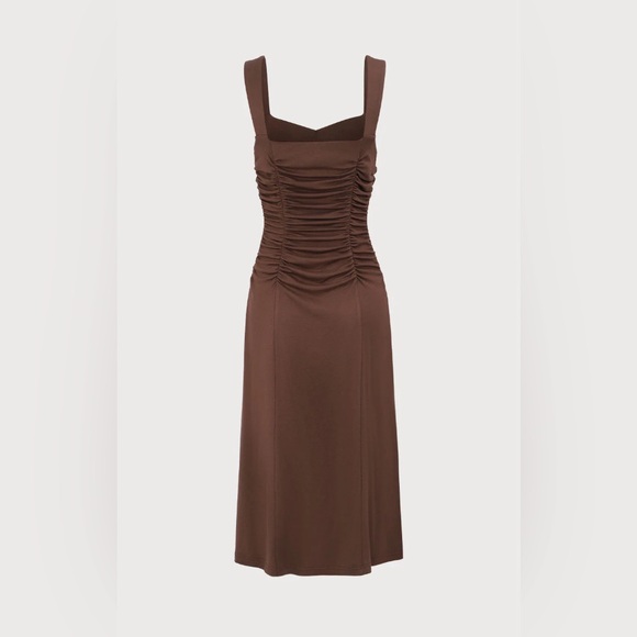 NWT RIHOAS Women's Coffee Ruched Knitted Slip Midi Dress Sz L - Picture 6 of 8